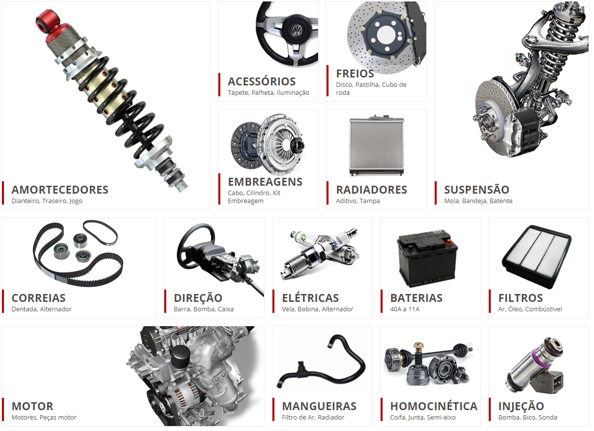 Categorias de peças automotivas: Amortecedores, Acessórios, Freios, Embreagens, Radiadores, Suspensão, Correias, Direção, Elétricas, Baterias, Filtros, Motor, Mangueiras, Homocinética, Injeção