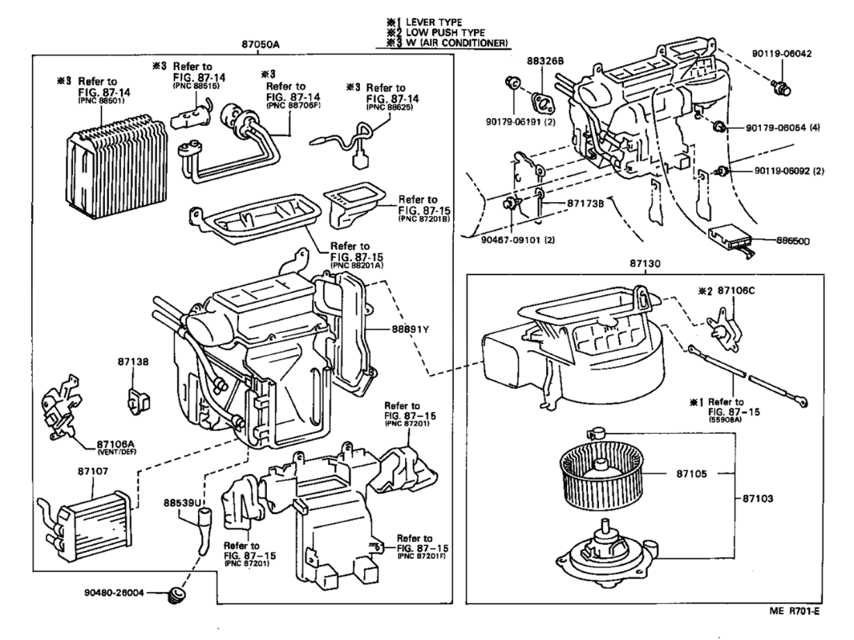 Diagrama técnico de peças automotivas - sistema de ar condicionado e aquecimento